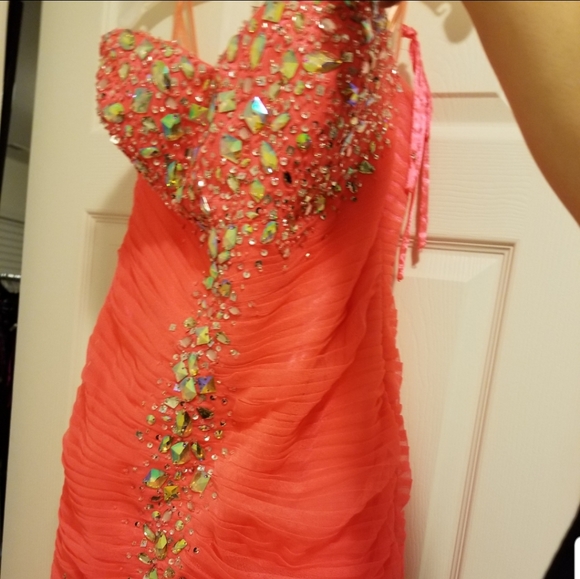Gorgeous Coral and Irredesent Rhinestone Gown - Picture 3 of 6